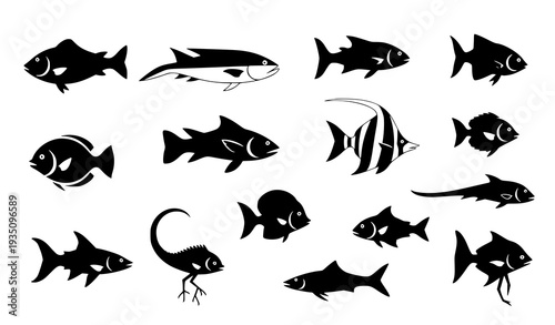 A collection of black fish silhouettes in various shapes and sizes