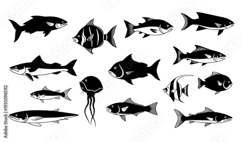 A set of black and white fish and sea creature vector illustrations
