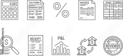 Set of hand drawn finance and accounting icons featuring calculator, tax form, invoice, and receipt.
