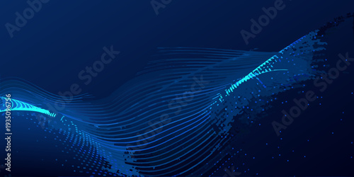 Abstract blue wave pattern with flowing lines and digital dots