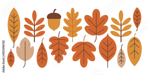 A Collection of Stylized Autumn Leaves and an Acorn in Warm Tones