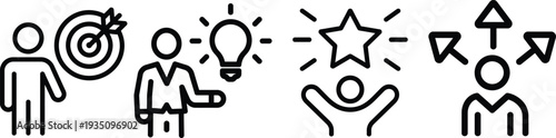 Set of business vision and career direction line icons featuring a person with target lightbulb idea star success and arrows.
