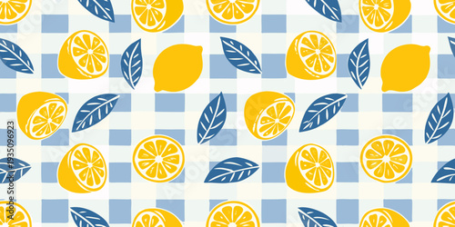 A vibrant pattern featuring lemons leaves and a blue gingham background