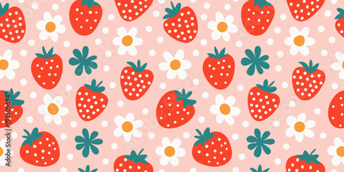 A repeating pattern of strawberries daisies and teal leaves on pink