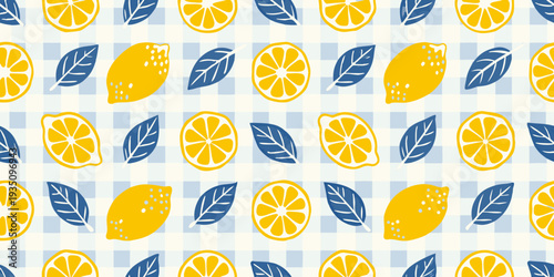 A seamless pattern of lemons leaves and a blue gingham background