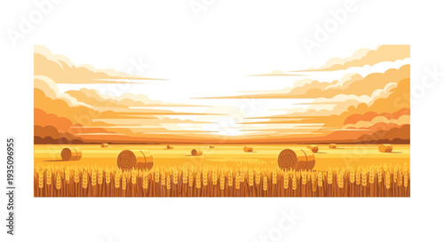 A vibrant sunset illuminates golden fields with hay bales creating a peaceful rural landscape silhouette high quality professional detailed modern elegant