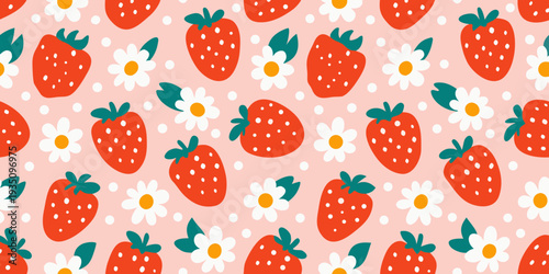 A cheerful pattern of strawberries daisies and polka dots on pink