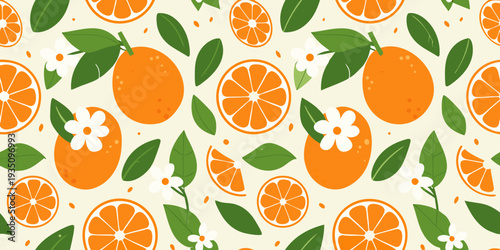 Seamless pattern of vibrant oranges slices blossoms and lush green leaves