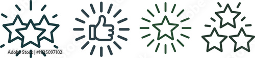 Set of rating and customer satisfaction star icons featuring glowing stars thumbs up symbol and high quality service feedback elements.