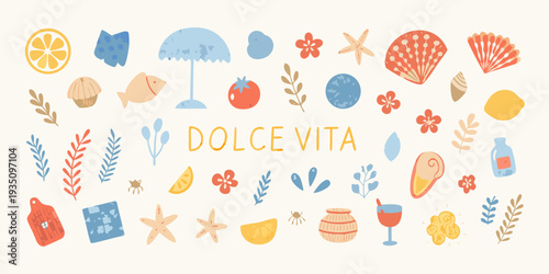 Colorful summer illustration featuring beach items fruit and floral designs