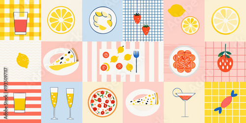 A colorful collage featuring various fruits desserts and refreshing drinks