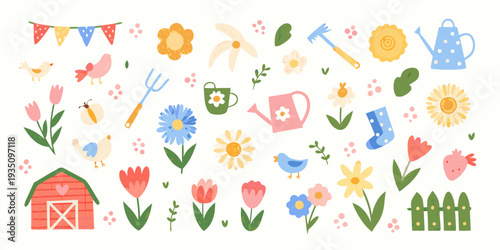 Colorful gardening illustrations featuring flowers tools and farm elements