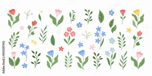 Colorful floral arrangement of various wildflowers and blossoming plant stems