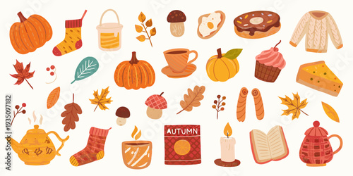 A collection of autumnal illustrations featuring food foliage and cozy items