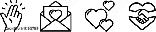Set of charity love and relationship line icons featuring a waving hand heart letter envelope and handshake in heart symbols.