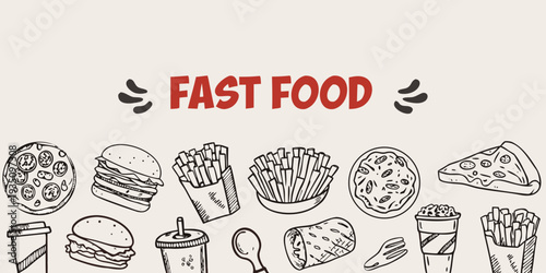Doodle illustration of various fast food items with text overlay