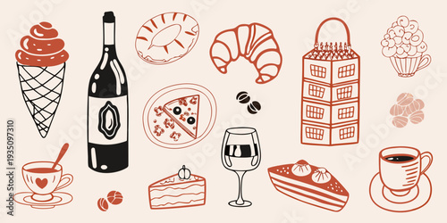 A collection of illustrated desserts pastries and beverages in warm tones