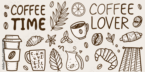 Hand drawn illustration featuring coffee pastries and related elements