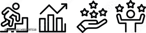 Set of business achievement and career growth line icons featuring success milestones professional development leadership goals and financial progress vector elements.