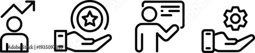 Set of business management and professional growth line icons featuring leadership career development achievement and strategic planning vector illustration elements.