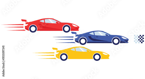 Three vibrant sports cars race towards a checkered flag depicted in a flat dynamic silhouette high quality professional detailed modern elegant