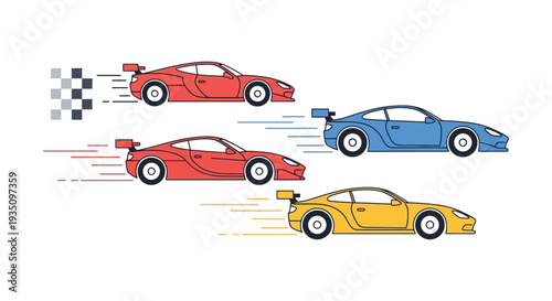 A vibrant illustration depicts racing sports cars in red blue and yellow suggesting speed and competition silhouette high quality professional detailed