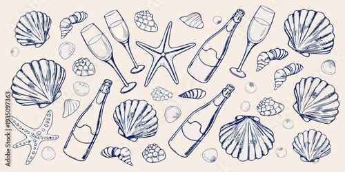 Seashells champagne and starfish in a delicate hand drawn illustration