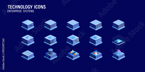 Isometric technology icons representing enterprise systems and data infrastructure