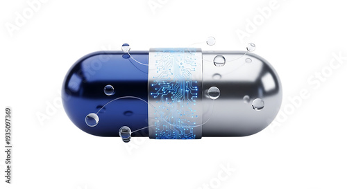 A blue and white capsule pill with water droplets. 3D icon png.