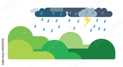 A vibrant illustration depicts rolling green hills under a stormy sky with rain and lightning silhouette high quality professional detailed modern
