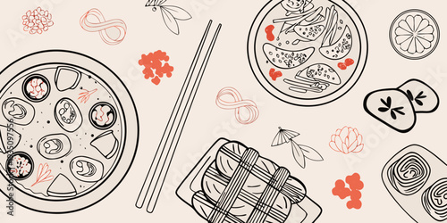 Japanese cuisine illustration featuring sushi dumplings and other dishes