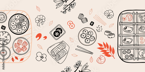 A colorful illustrative pattern featuring various dim sum and floral elements