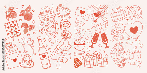 A whimsical doodle collection of valentine s day themed gifts and sweets