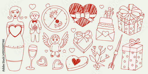 Hand drawn wedding and love themed doodles in reddish brown tones