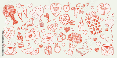 A collection of hand drawn romantic symbols for love and celebrations