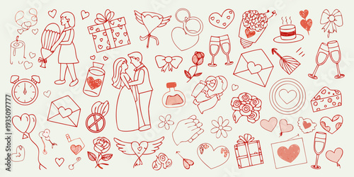 Collection of hand drawn romantic illustrations for valentine s day or love themes