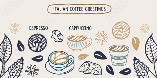 Italian coffee drinks illustrated with botanical and abstract elements