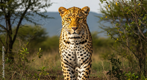 Majestic leopard standing alert in its natural savanna habitat surrounded by greenery
