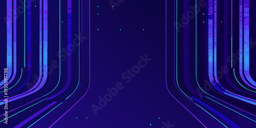 Abstract digital tunnel with glowing neon lines and dark blue background