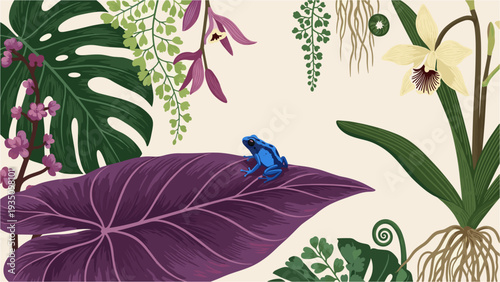 Vibrant blue poison dart frog perched on a large purple leaf amidst an array of lush tropical plants and exotic foliage.