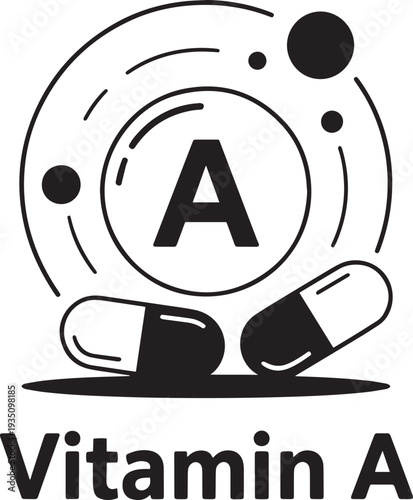 Vitamin A supplement capsule and atom symbol illustration