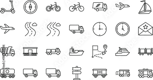 Transportation and travel line icons set including airplane truck train bicycle scooter ship road navigation vector illustration