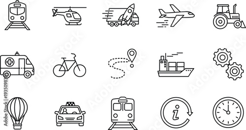 Transportation travel and logistics line icons set train airplane ship bicycle taxi route vector illustration collection