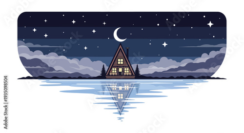 A cozy a frame cabin reflects in still water under a starry night sky creating a peaceful silhouette high quality professional detailed