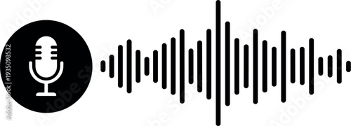 Audio waveform with microphone icon sound wave voice recording podcast music equalizer vector illustration