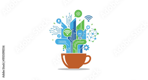 A vibrant digital concept emerges from a coffee cup showcasing interconnected technology and innovation a striking silhouette high quality professional detailed