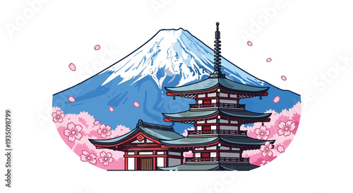 A vibrant depiction of mount fuji a pagoda and cherry blossoms creates a serene japanese landscape silhouette high quality professional detailed