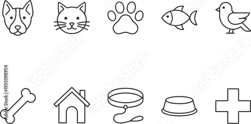 Pet icons set including dog, cat, bird, fish, paw, bone, house, bowl, spoon, cross