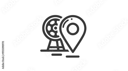 Ferris wheel and location pin outline icon, symbolizing amusement park attractions, travel destinations, fairgrounds, and entertainment.