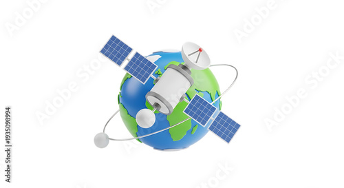 A satellite in orbit around the earth with solar panels. 3D icon png.